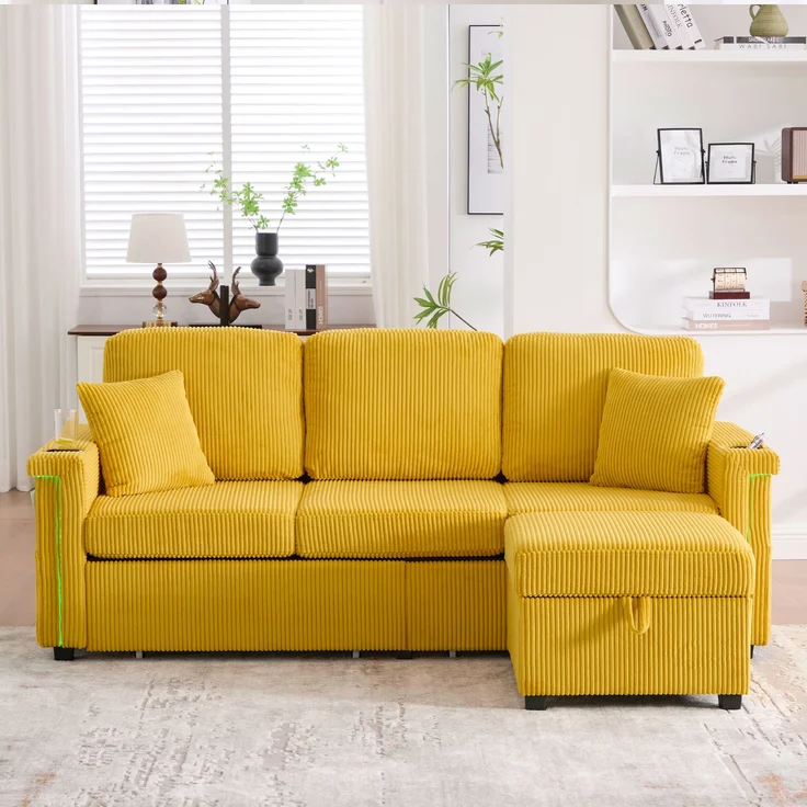 Sofa, Hochwertiges Samtsofa mit LED-Beleuchtung USB-C-Port inklusive Stauraum-Fußteil praktischen Getränkehaltern und Seitentaschen Premium Qualität für Wohnzimmer Schlafzimmer oder Büro, Samt, Senfgelb, – Bild 4