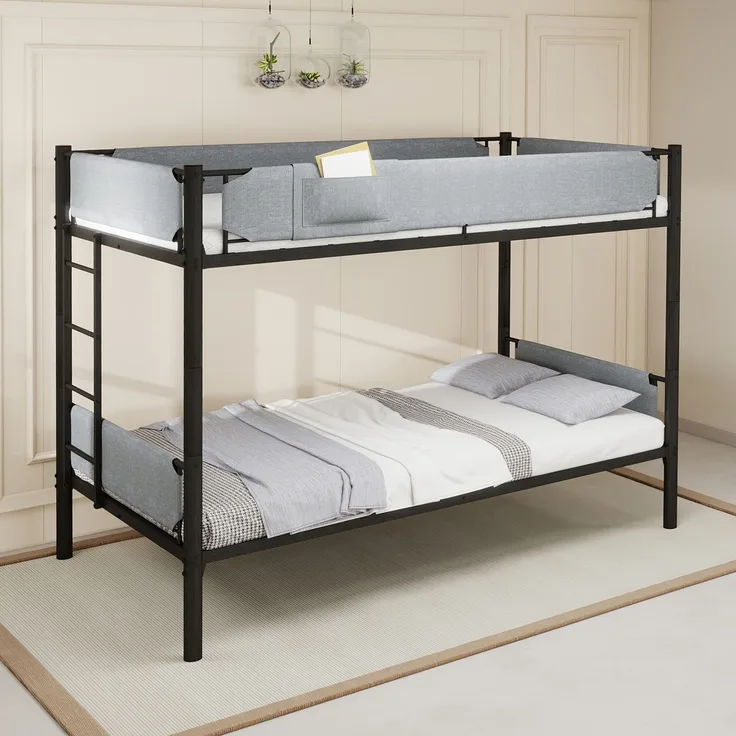 EINHOM Langlebiges Metall-Etagenbett mit abnehmbaren Schutzgeländern aus Leinenstoff, umbaubar zu zwei Einzelbetten, platzsparendes Design für Kinder und Erwachsene, Größe 90x190cm, erhältlich in Schwarz (Ohne Matratze)