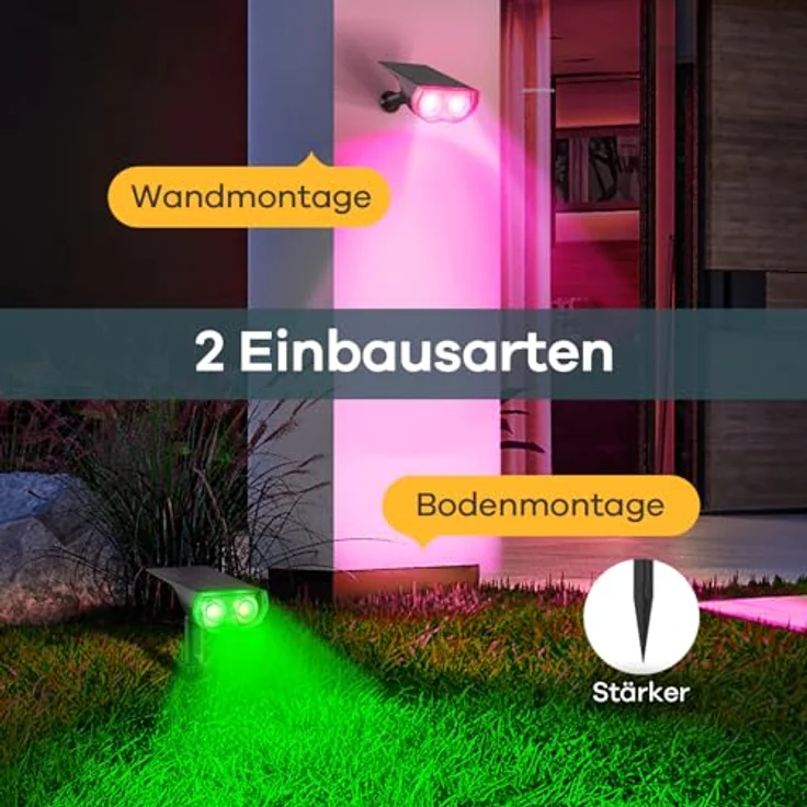 Linkind Bunt Solarlampen für Außen, RGB+Weiß Solar Strahler Garten mit 10 Lichtmodi, Solar Außenleuchte 2 in 1 Montage, Dusk to Dawn IP65 Solarleuchte StarRay für Bäume, Vorgarten, Hof, 2 Stück – Bild 6