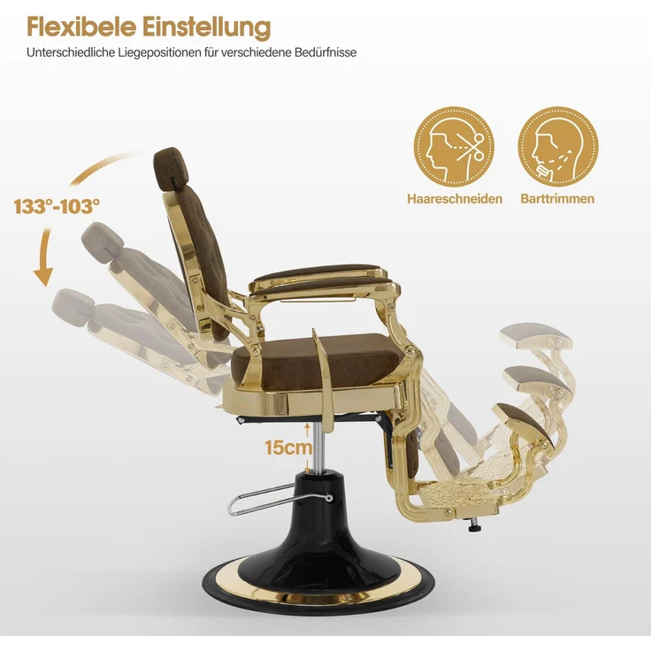 BarberPub Friseurstuhl mit Kopfstütze Kippbar, Friseureinrichtung mit Hydraulikpumpe 360° Drehbar, Höhenverstellbarer Kunstleder, 2933BR-F (Gold-Braun) – Bild 3
