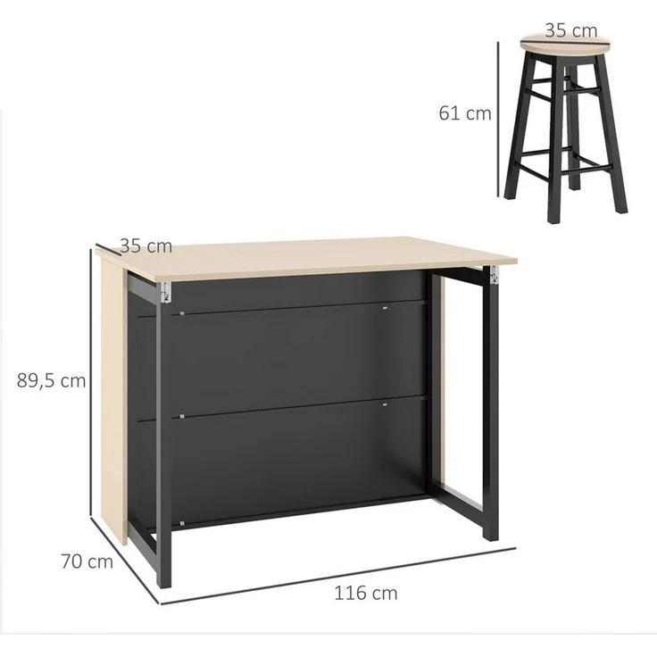 HOMCOM Bargruppe Bartisch mit Barhocker Set, Esstisch mit Klappbarer Tischplatte, (Küchentisch mit Schrank, Essgruppe für Esszimmer, Wohnzimmer) – Bild 3