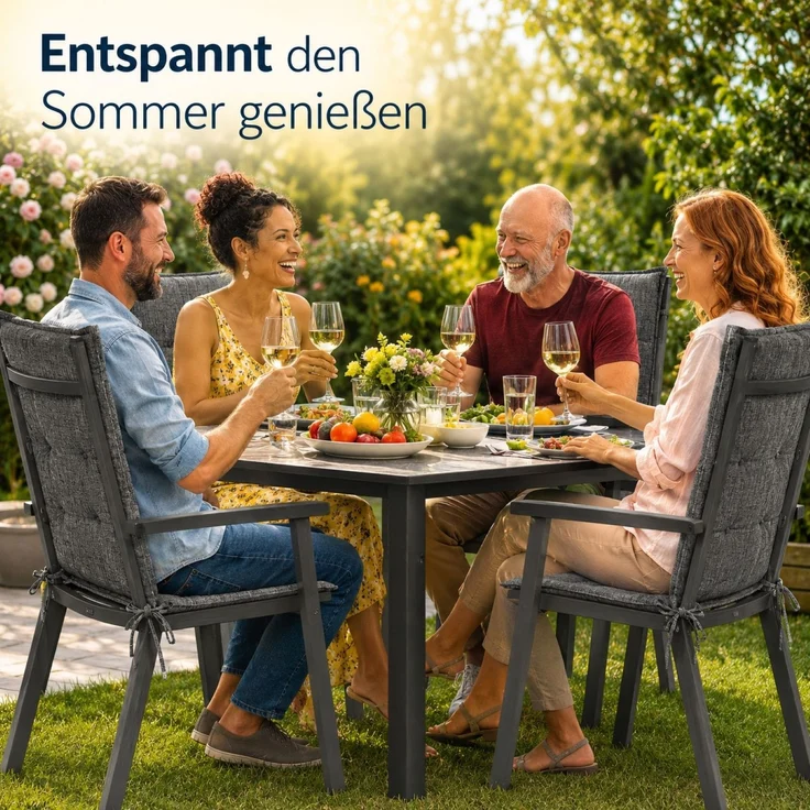 BURI 2x Hochlehner Auflage 120x50x5,5 cm - wetterfeste Gartenstuhlauflage mit Schaumkern & Vollvlies, Halteband & Bindebänder, bequemes Stuhlpolster für Balkon, Terrasse & Garten (Anthrazit/Grau) – Bild 7