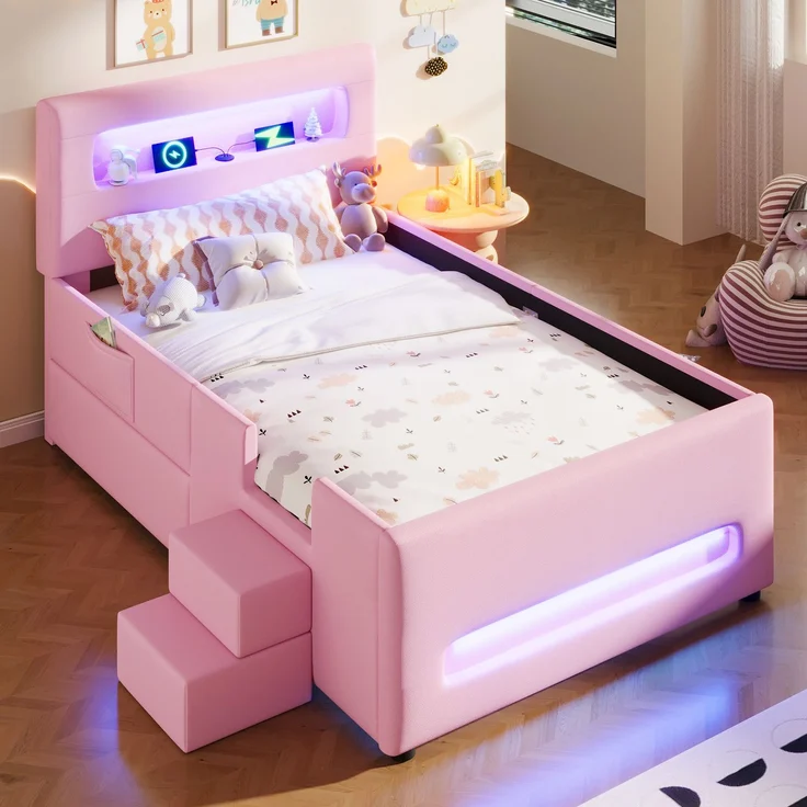 Gepolstertes Plattformbett 90x200 cm mit Treppe, Schubladen, LED-Lichtleisten, USB und Aufbewahrungstaschen, Rosa – Bild 3