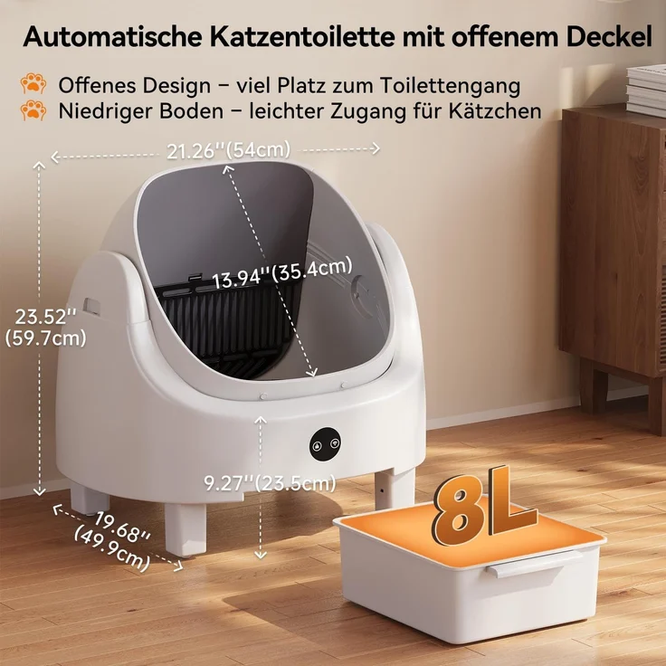 Aoxun Selbstreinigende Katzentoilette, Katzenklo Selbstreinigend mit Sicherheits Geruchskontrolle, Automatischer App-Steuerung für Katzen, Inklusive Katzenstreumatte,Müllbeutel und Duftbox, Weiß – Bild 2
