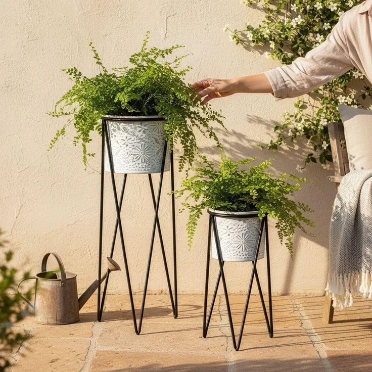 DanDiBo Blumenständer mit Topf Metall Schwarz Weiß 2er Set Blumenhocker 96043 Blumensäule Modern Pflanzenständer Pflanzenhocker – Bild 9