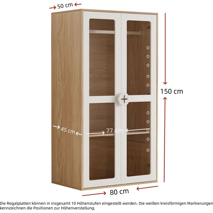Kleiderschrank & Nachttisch Set 10-Regale Aufbewahrung Glas-Türen Weiß/Holz, Sideboard & Jugendzimmer – Bild 10
