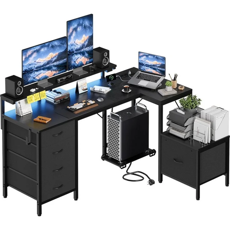 HOMALL Eckschreibtisch 140/160 cm Schreibtisch mit Schubladen, Monitorhalterung, Gaming-Tisch (Monitorarm hohenverstellbar von 12 bis 27 cm, mit 5 mit Stof ausgekleideten Schubladen, Montageoption links/rechts, Platz fur Drucker)