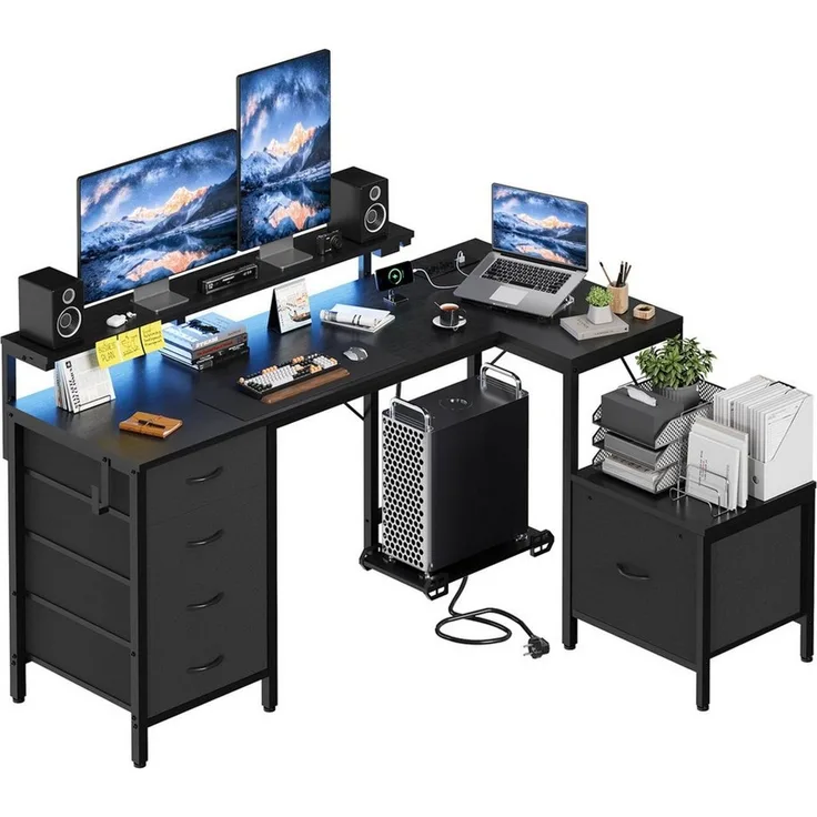 HOMALL Eckschreibtisch 140/160 cm Schreibtisch mit Schubladen, Monitorhalterung, Gaming-Tisch (Monitorarm hohenverstellbar von 12 bis 27 cm, mit 5 mit Stof ausgekleideten Schubladen, Montageoption links/rechts, Platz fur Drucker)