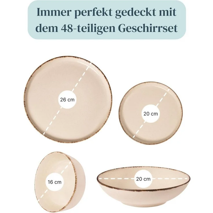 PURE LIVING INTERIOR DESIGN Geschirr-Set Rustic aus Steingut, 48-tlg, für 12 Personen, Beige (48-tlg), 12 Personen, Steingut – Bild 3