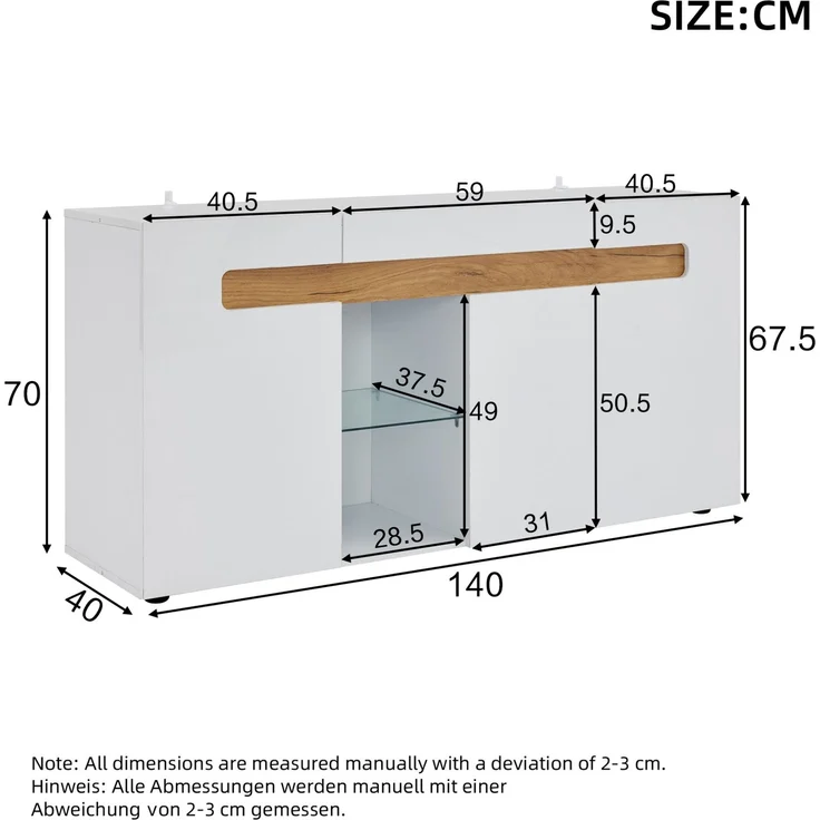 DESVIAE Sideboard mit LED-Beleuchtung und 3 Türen 140x70x40 cm Spanplatte Weiß/Natur – Bild 10