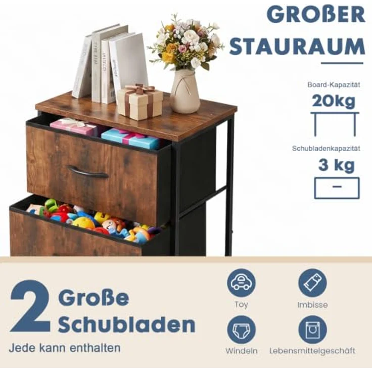 DUMOS Kommode 2er Set für Schlafzimmer mit Stoffschubladen hohe Organizer für Kleidung Schrank Kinderzimmer Aufbewahrungsturm mit Schrank Metallrahmen Holzplatte leichte (Vintagebraun) – Bild 4
