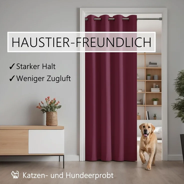 tinycurtains Türvorhang mit Stange silber 55-90 cm ohne Bohren, Thermo Vorhang mit Magneten, Ösen, abdunkelnd, Polyester, blickdicht, bordeaux rot Berry, Türgardine mit Klemmstange verdunkelnd – Bild 7