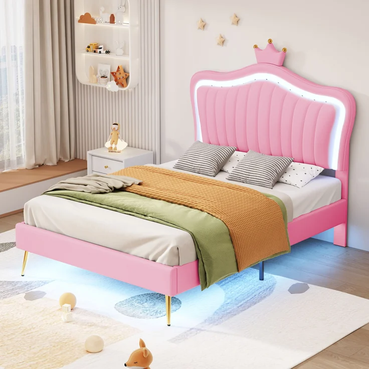 Bett 90x200 cm aus PU-Kunstleder mit LED-Leiste und verstellbarem Kopfteil – kindgerechtes Design in Pink – Bild 2