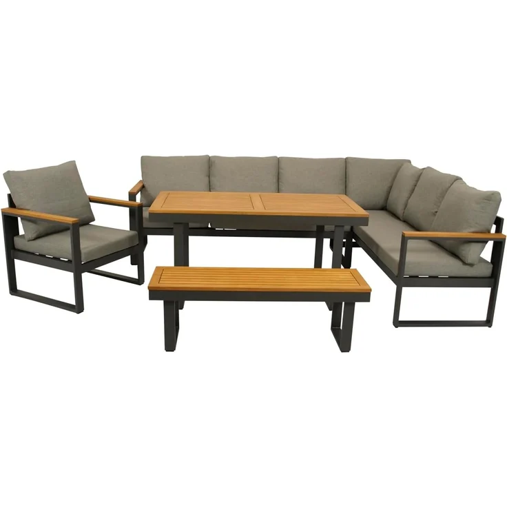 DEGAMO KAMPALA Funktiosn Eckbank- Set, Alu + Akazie, anthrazit/braun, 4-teilig 252x187cm – Bild 1