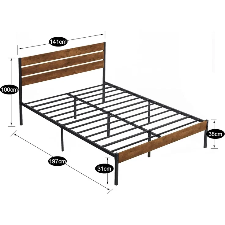 VECELO Bettgestell 140x200 cm, Doppelbett mit Holzkopfteil und stabilem Metalllattenrost, 320 kg Tragkraft, 31 cm Stauraum, Einfache Montage, Industrie-Stil, Braun – Bild 2