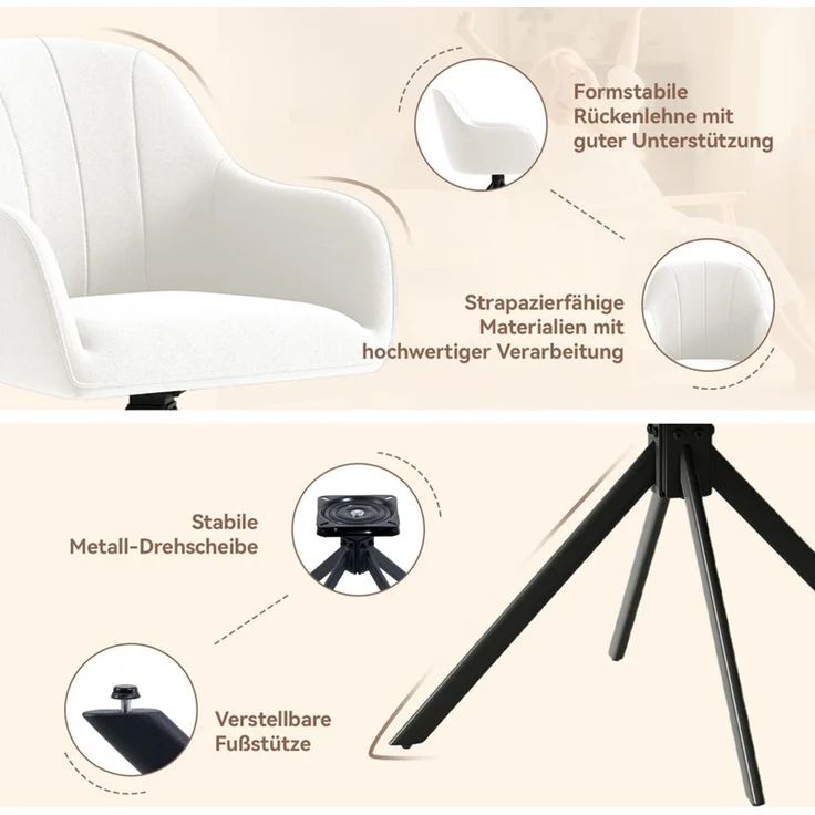 Hawthyhome 4-Fußstuhl Esszimmerstuhl drehbar mit Armlehne, 360° Drehfunktion, Leinenbezug, stabiles schwarzes Metallgestell, moderner Küchenstuhl für Esszimmer, Wohnzimmer, Büro & Homeoffice, Weiß – Bild 5
