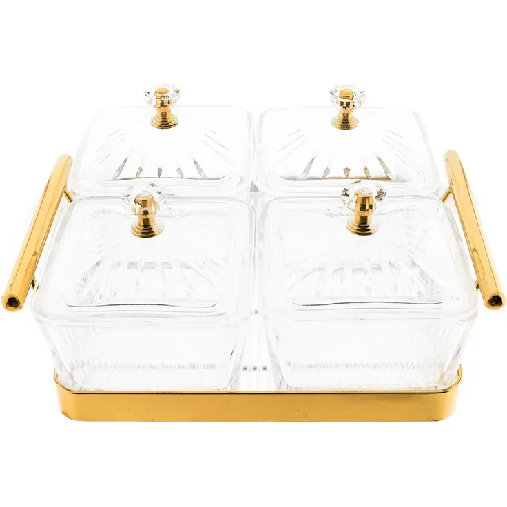 9 Teiliges Snackschalen-Set aus Glas mit goldenem Serviertablett & Knaufdeckel