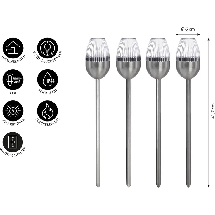 Dehner Solarleuchte Flame, 4er Set, Ø 6.1 cm, Länge 41.7 cm, Edelstahl/Kunststoff, silber – Bild 4