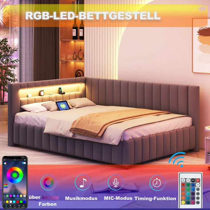Polsterbett Schlafsofa 140x200 cm mit LED-Licht und USB-Anschluss, ohne Matratze – Bild 6