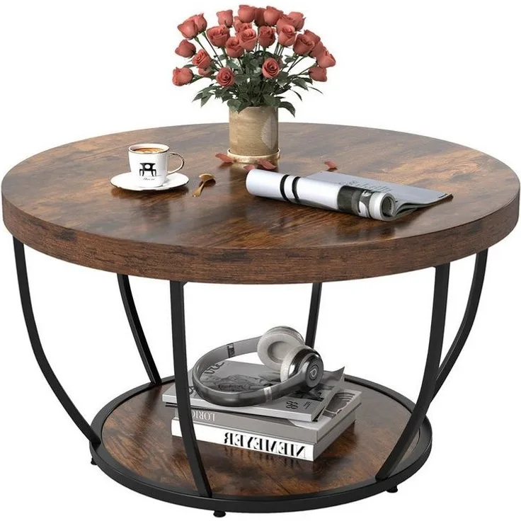 COSTWAY Couchtisch, Couchtisch rund, Sofatisch Holz mit 2 Ebenen & Metallrahmen 80cm