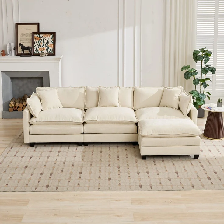 ZUBALIYA Sofa mit LED - Beleuchtung, mit Chenille - Bezug, mit Cordbezug, modular aufgebaut, aus Chenille, Beige – Bild 13