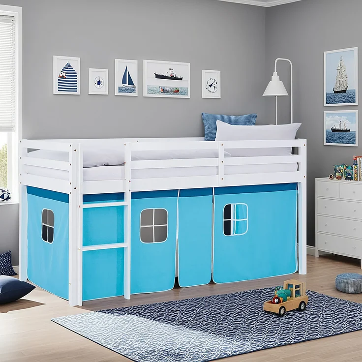 Hochbett Kinder 90x200 cm mit Lattenrost Kinderbett Kinderhochbett Stockbett Vorhang Blau Holz Massiv – Bild 8