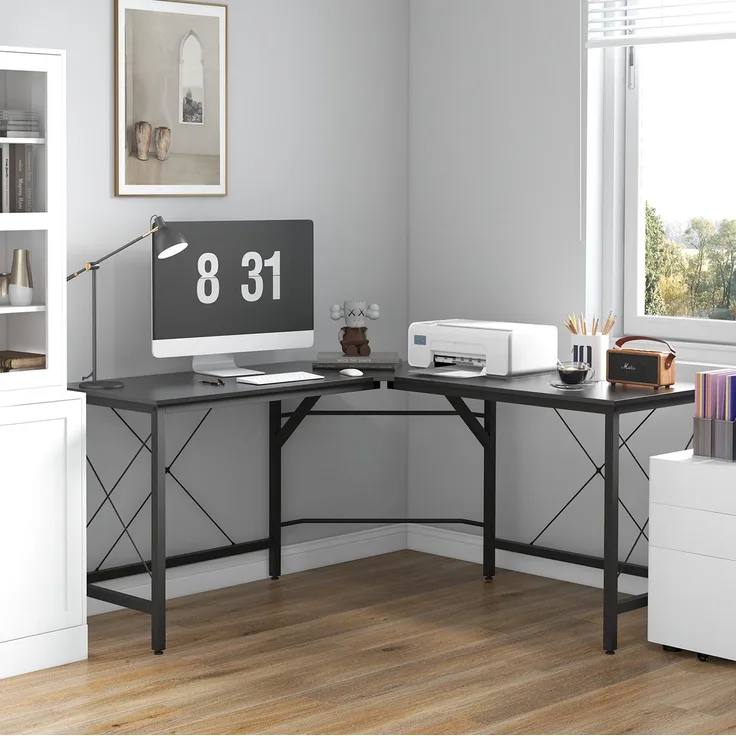 Eckschreibtisch mit MDF-Platte & Stahlgestell, 150x150x76 cm, Schwarz