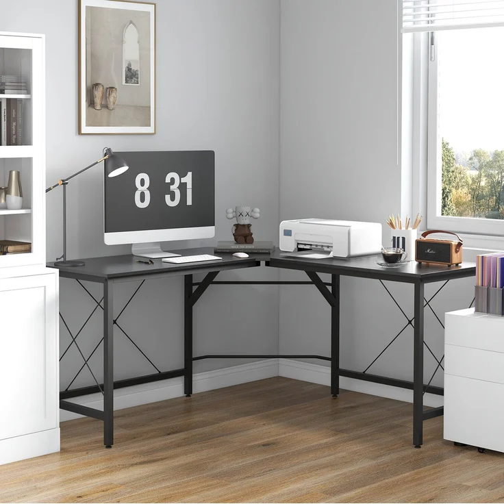 Eckschreibtisch mit MDF-Platte & Stahlgestell, 150x150x76 cm, Schwarz – Bild 1