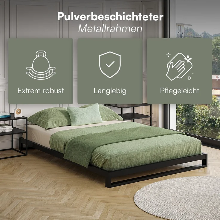 skølm 'Vidar' Bett 140x200 cm, Metall, schwarz, Höhe 15 cm hoch, Doppelbett mit Lattenrost – Bild 3