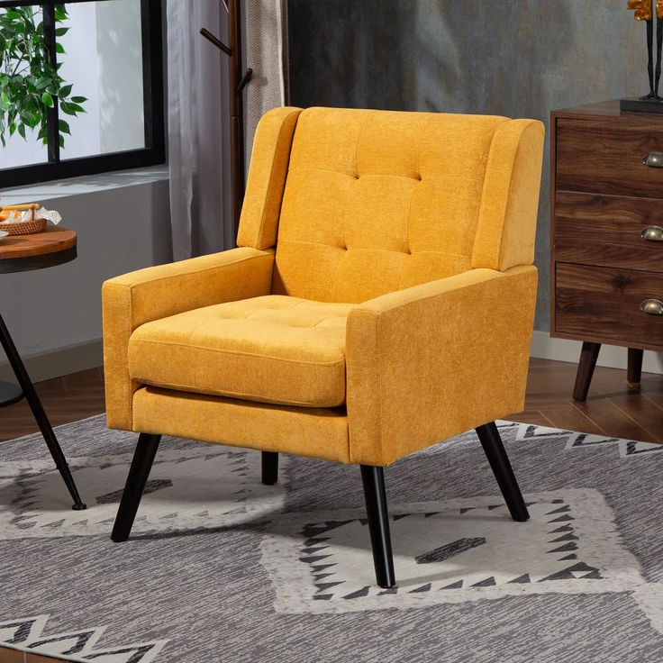 LVHOM Sessel aus Leinenstoff mit Knopfsteppung, Relaxsessel mit Massivholzbeinen, Polstersessel für Wohnzimmer & Büro, bis 130kg, Gelb – Bild 2