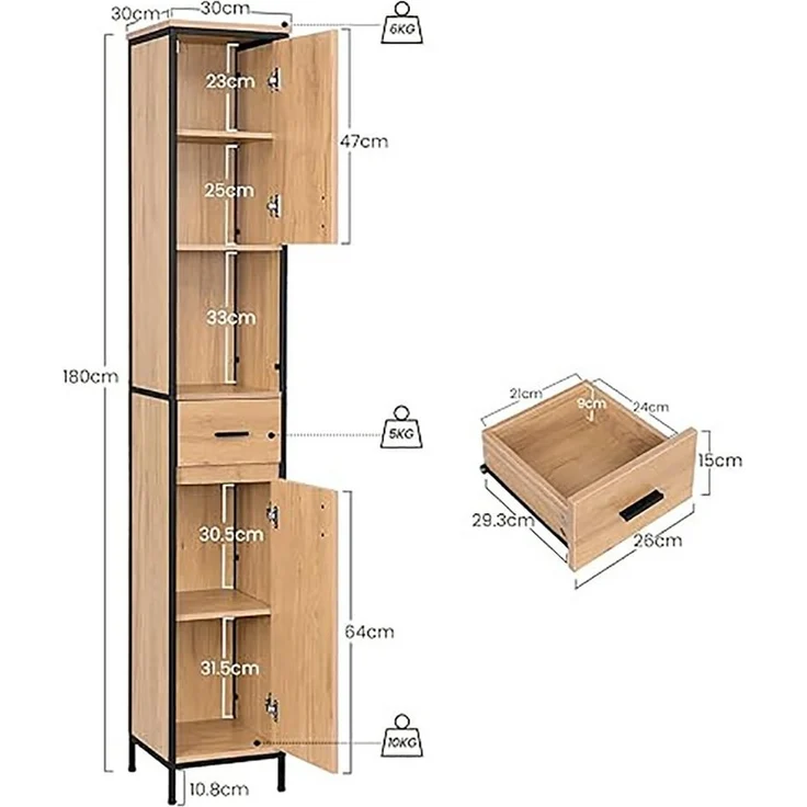 EUGAD Hochschrank (1-St) mit 5 Fächern 1 Schublade, natur, 30x180x30 cm – Bild 2
