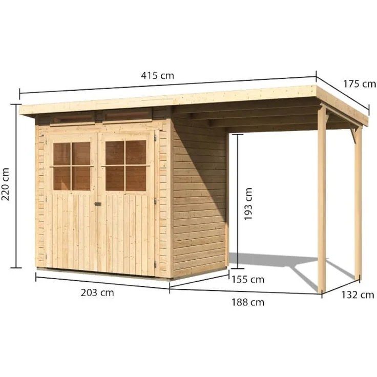 Karibu Gartenhaus 19 mm Glücksburg 2 mit Anbau 374 x 214 cm unbehandelt – Bild 2