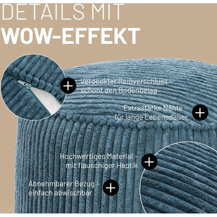 Lumaland Pouf Sitzhocker Cord Ablage kompakt 25x45 cm, pflegeleicht, Indoor Relaxen – Bild 4