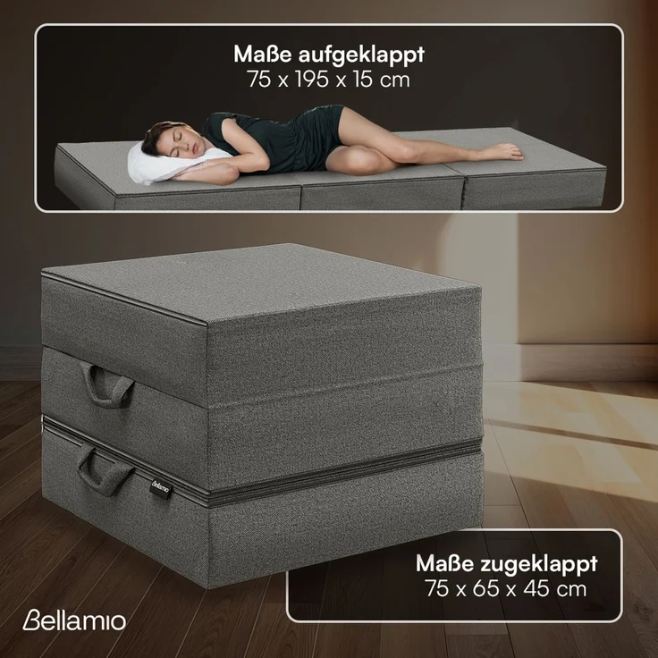 Bellamio 'Lomme' Klappmatratze 75x195 cm, 3-fach faltbar, Höhe 15 cm, Härtegrad H3, Gästematratze mit Tragegriffen, dunkelgrau, abnehmbarer Bezug – Bild 5