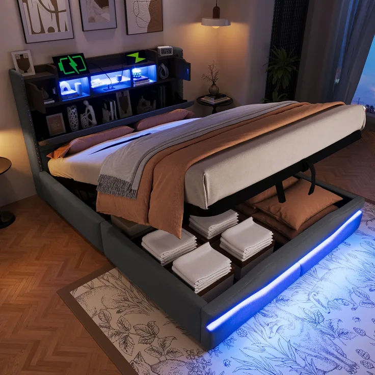 Polsterbett, mit USB-C Steckdose Ladefunktion ferngesteuerte Ambiente-Lichtleiste unter dem Bett Kopfteil mit Staufach Hydraulisch Stauraumbett ohne Matratze Mit LED-Leuchten，Grau, 140 x 200 cm