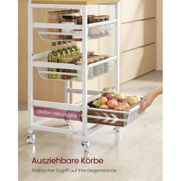 VASAGLE Servierwagen mit 4 Ebenen, Rollwagen mit herausziehbaren Körben, auf Rollen, 31,7 x 40 x 76 cm, goldeichenfarben-mattweiß – Bild 2