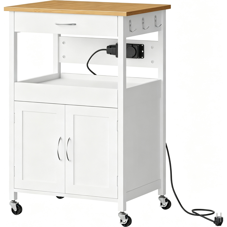 Küchenwagen aus MDF mit Steckdosen, Stauraum und Rollen, 60x45x92 cm, Weiß – Bild 5