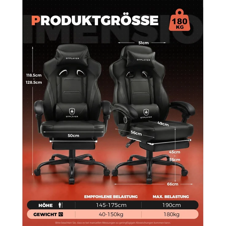 GTPLAYER Gaming Stuhl mit Fußstütze, Ergonomischer Bürostuhl 180kg, Schwerlast Gaming Sessel mit Lendenwirbelstütze und Kopfstütze, Höhenverstellbarer Computerstuhl, Gepolstert, neigbare 155°, schwarz – Bild 2