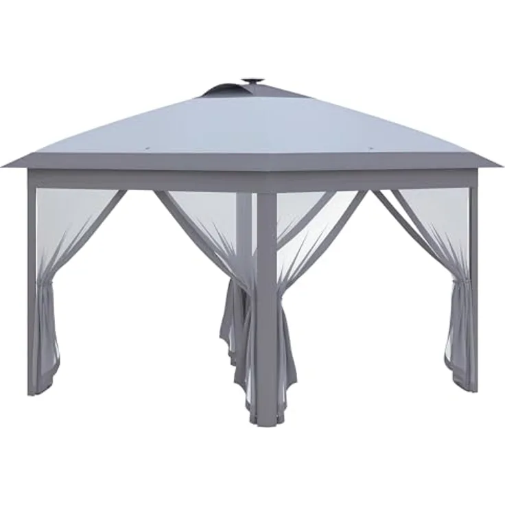 Outsunny Pavillon 3,3 x 3,3 m Faltpavillon mit LED-Beleuchtung, USB-Ladeanschluss und Mesh-Seitenwänden, Oxford Grau mit Sonnenschutz und Tragetasche