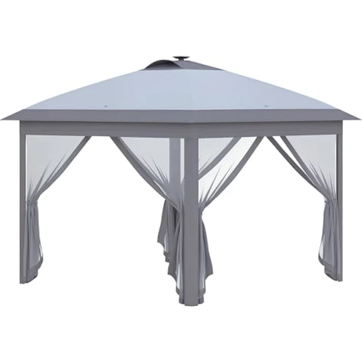 Outsunny Pavillon 3,3 x 3,3 m Faltpavillon mit LED-Beleuchtung, USB-Ladeanschluss und Mesh-Seitenwänden, Oxford Grau mit Sonnenschutz und Tragetasche – Bild 1