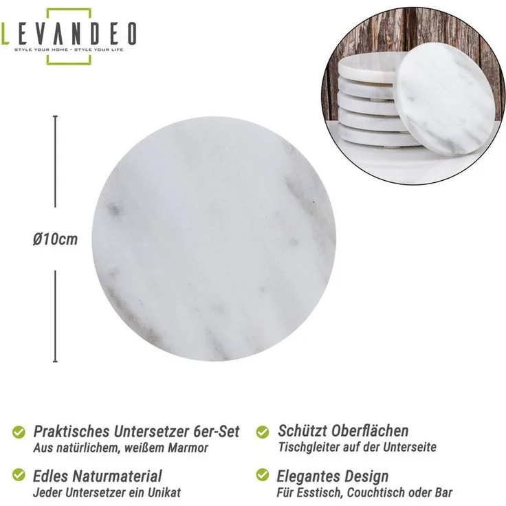 Levandeo® Glasuntersetzer, 6er Set Glas Untersetzer 10cm rund Marmor Natur Küchendeko