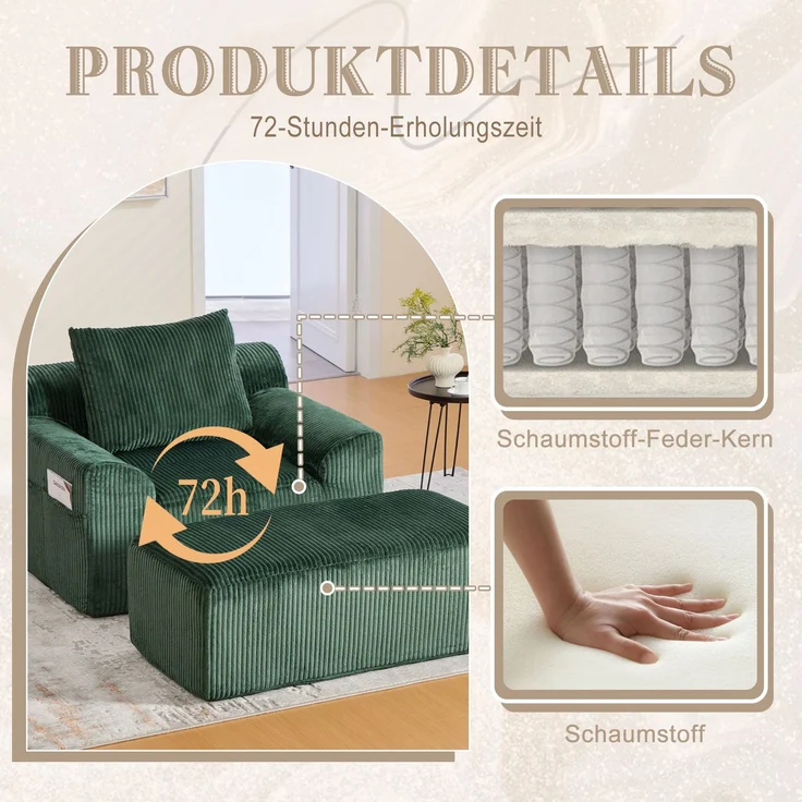 Sessel Cord mit Fußhocker, 147 x 110 x 67 cm,Relaxsessel mit Stauraumtaschen & Federkern, kein Aufbau,Smaragd – Bild 7