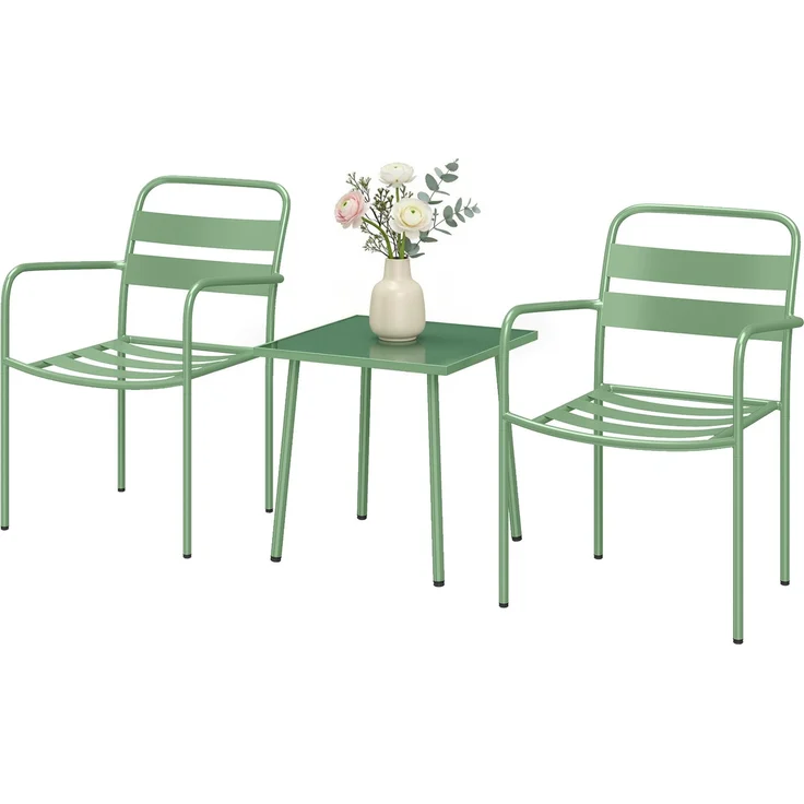 3-teiliges Garten-Bistro-Set – Couchtisch aus Hartglas und 2 Stühle mit Lattenbeinen, Gestell aus verzinktem Stahl, grün – Bild 2