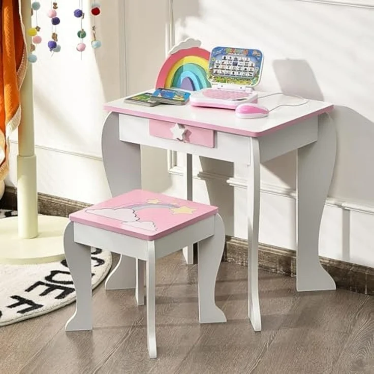 FANTASK Kinderschminktisch mit Schublade und abnehmbarem Spiegel, Prinzessinnenschminktisch mit Hocker, rosa und weißer Schminktisch für Mädchen von 3-7 Jahren – Bild 3