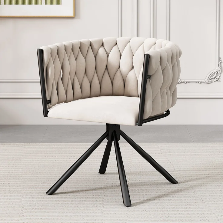 Merax Samt-Esszimmerstuhl, einzelner heller Luxus-Wohnzimmer-Schlafzimmer-Drehstuhl, Freizeit-Drehstuhl mit vier Stützbeinen aus Metall, beige – Bild 3