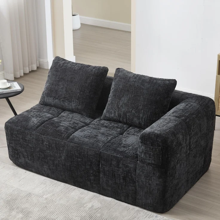 Ball & Cast Boneless Couch, L Couch mit Schlaffunktion, Chenille Modulares Sofa mit Seitentaschen, Montagefrei, Schwarz, 2 Sitze