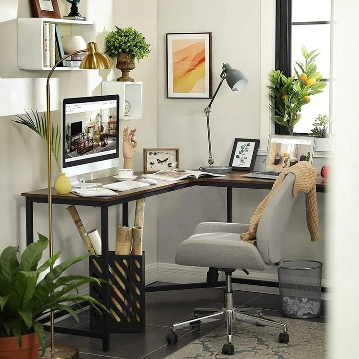 VENDOMNIA Eckschreibtisch L Form - industrial Design, aus Metall (135x50 cm, Schwarz Braun, Computertisch Bürotisch Arbeitstisch Büro Vintage Retro Laptop PC) – Bild 2