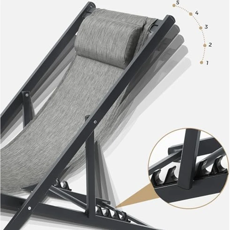Mondeer Sonnenliege 2er Set, klappbarer Liegestuhl mit Kopfstütze und Verstellbarer Rückenlehne für Garten Pool Terrasse, Belastbarkeit 130kg, W104 x D58 x H95cm, Schwarz und Grau – Bild 4