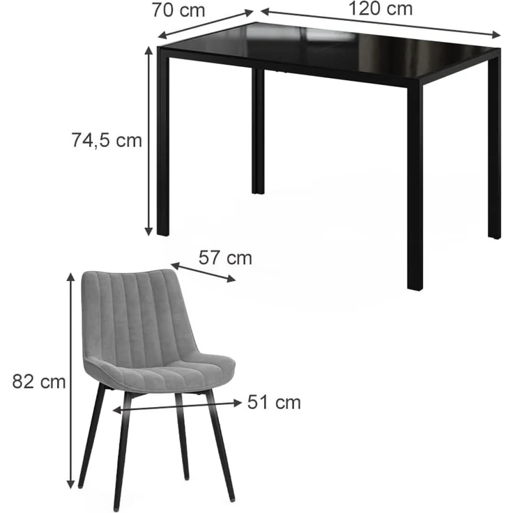 Esstisch Set Grand Schwarz 120x70 cm mit 4 Stühlen (Grau) Vicco – Bild 3