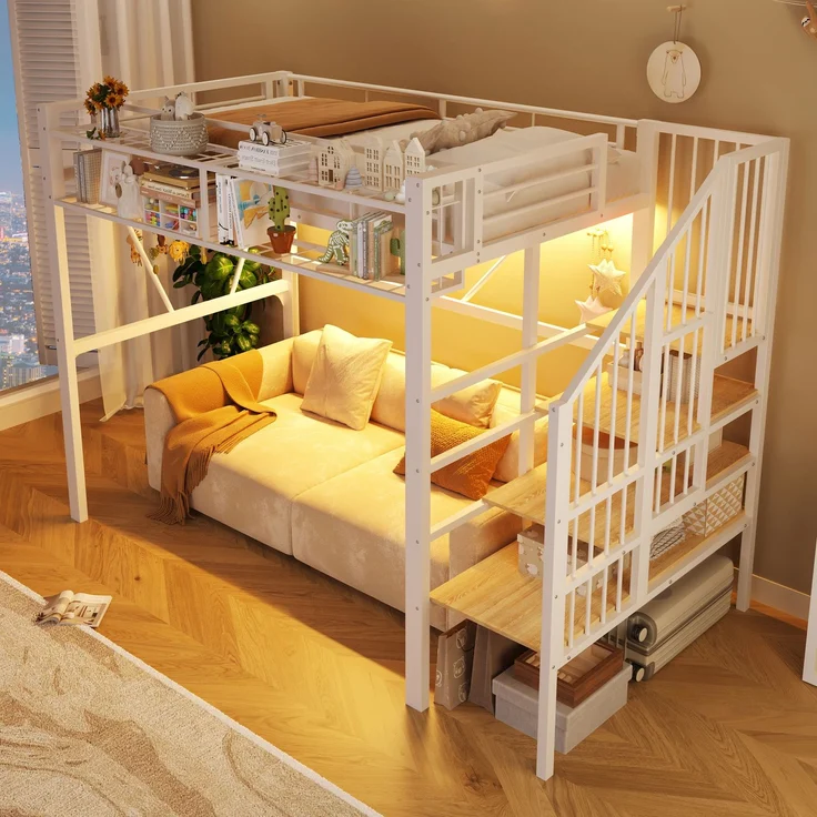 Hochbett mit Liegefläche 90×200 cm, Stufenregal und LED-Beleuchtung, Weiß, ohne Matratze – Bild 3